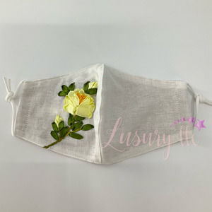Yellow Peony Embroidery Silk Mask, Wedding Gift, Washable Reusable 3 Layers